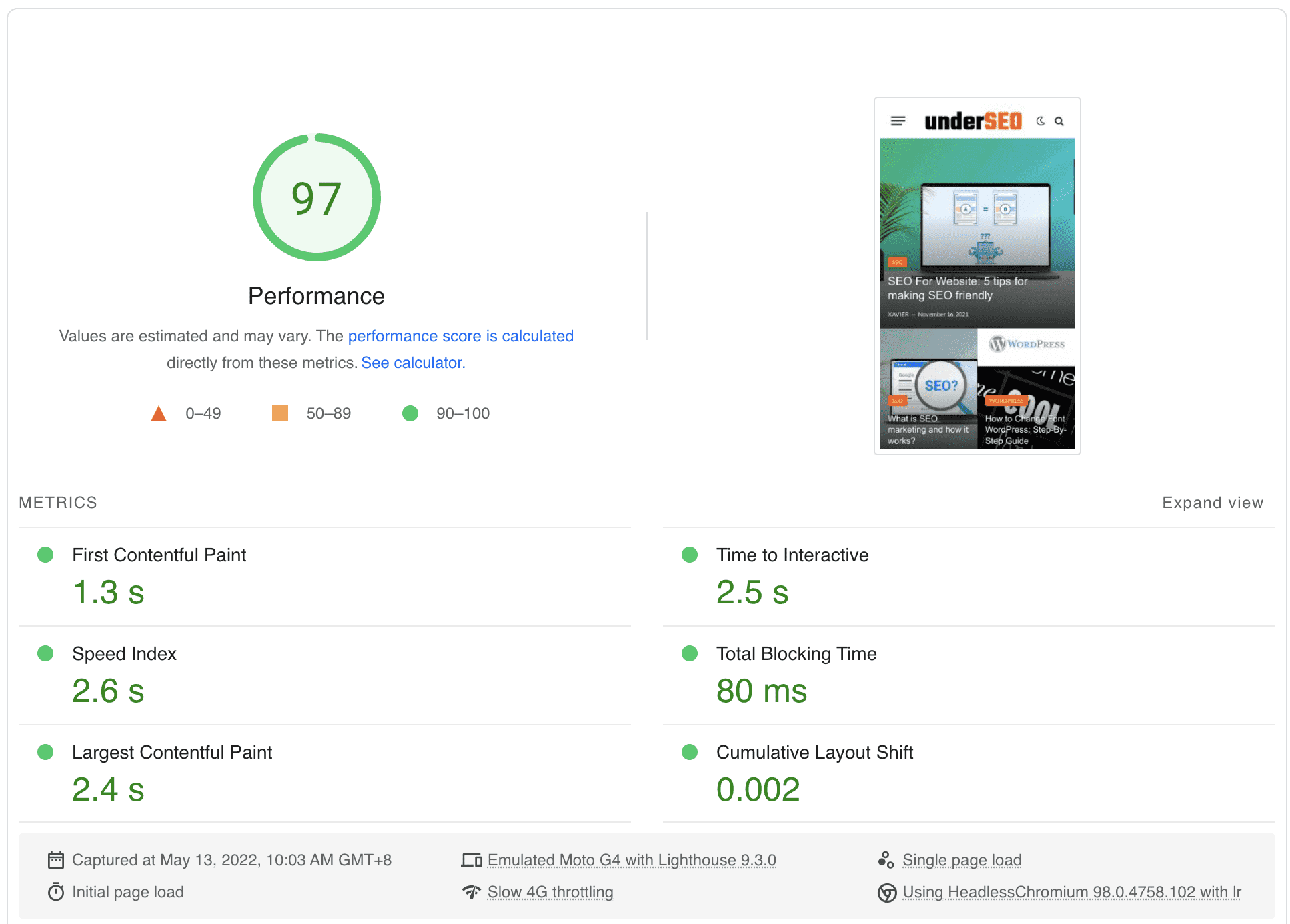 Pagespeed Insights Performance Score