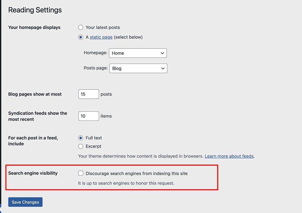 Wordpress Reading Settings Search engine visibility Uncheck