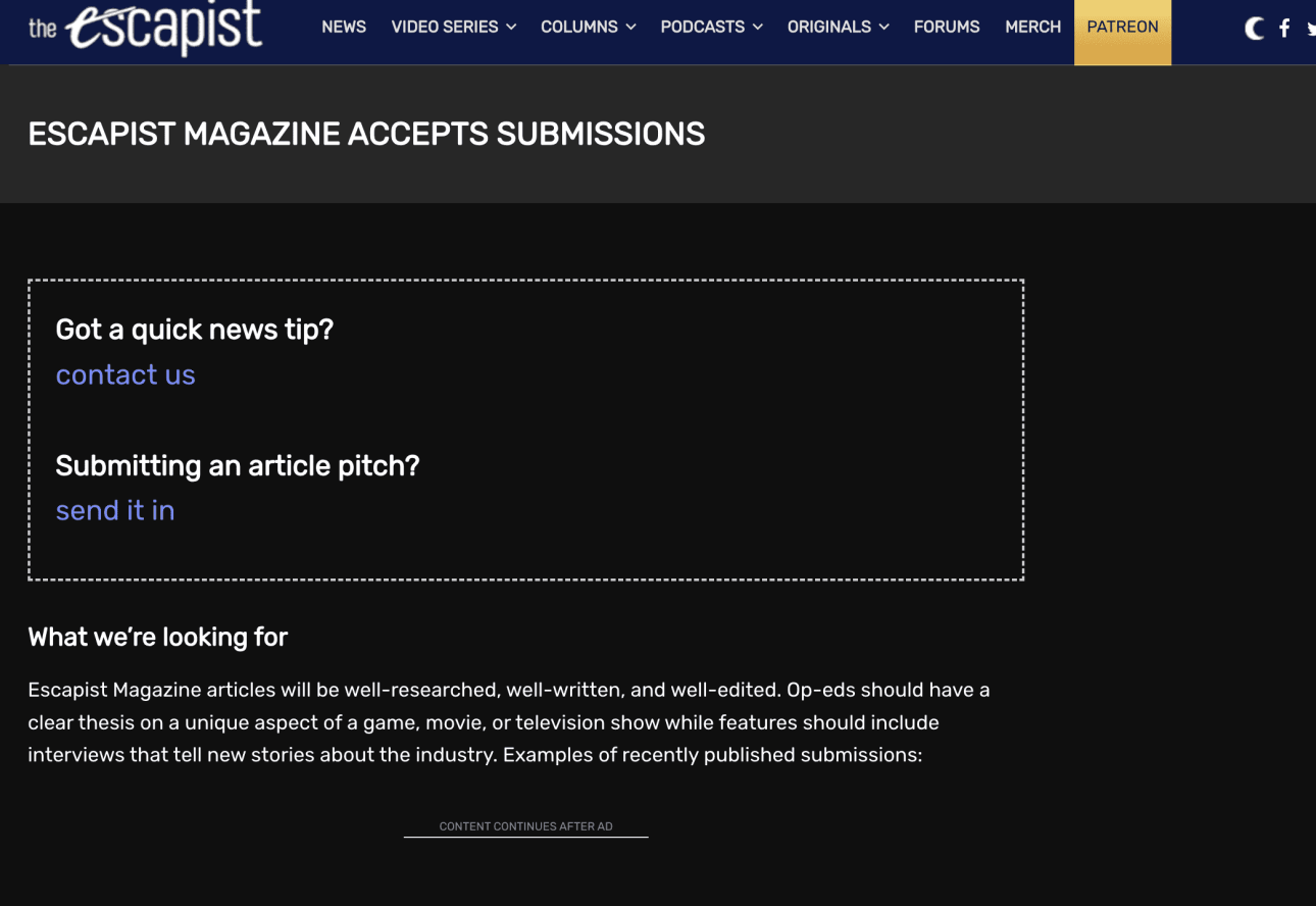 Escapist Magazine Subscriptions Screenshot Highlighting The Best Sites To Get Paid For Writing Articles.